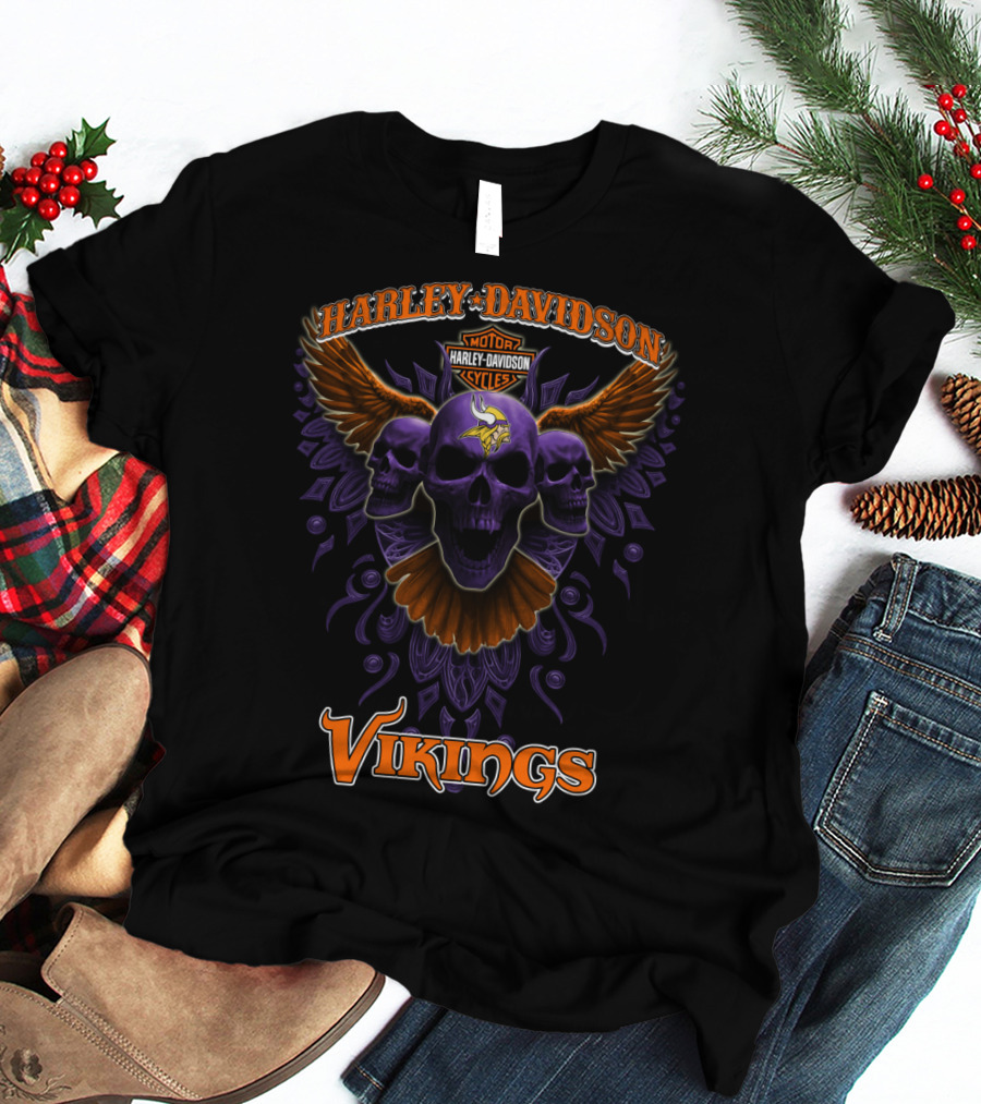 Harley Davidson Vikings Minnesota Nfl Skulls Art T-Shirt