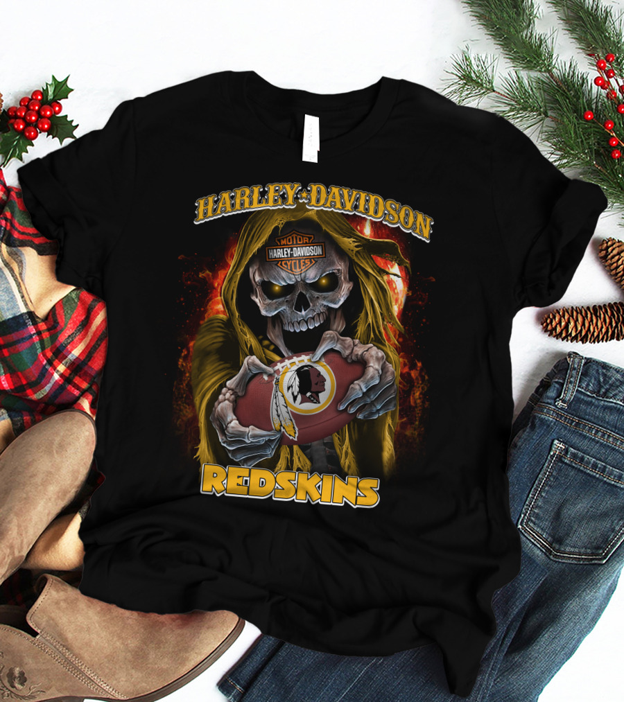 Harley Davidson Motor Cycles Redskins Skull Football T-Shirt