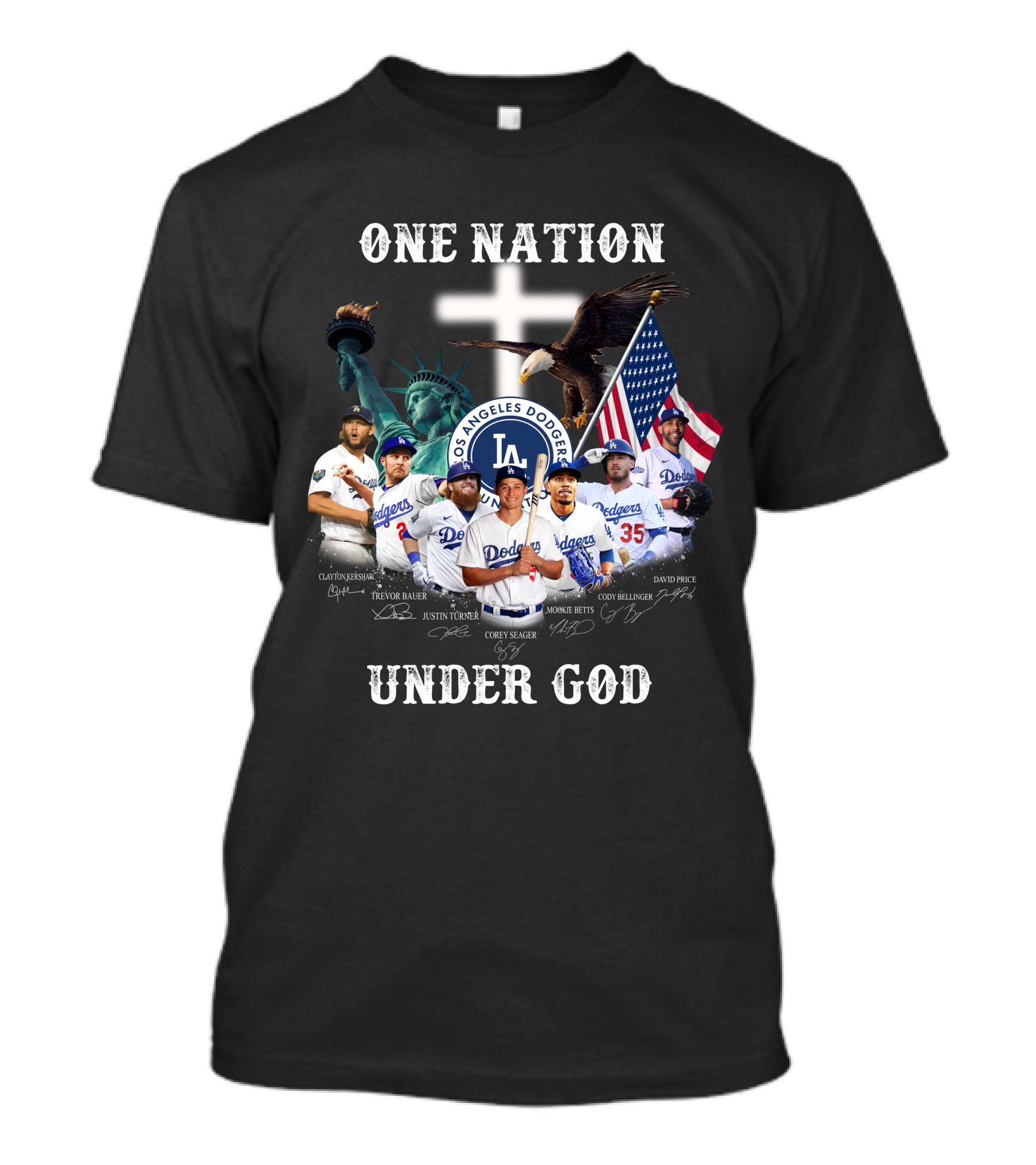 Los Angeles Dodgers One Nation Under God Statue Of Liberty And American Flag T-Shirt