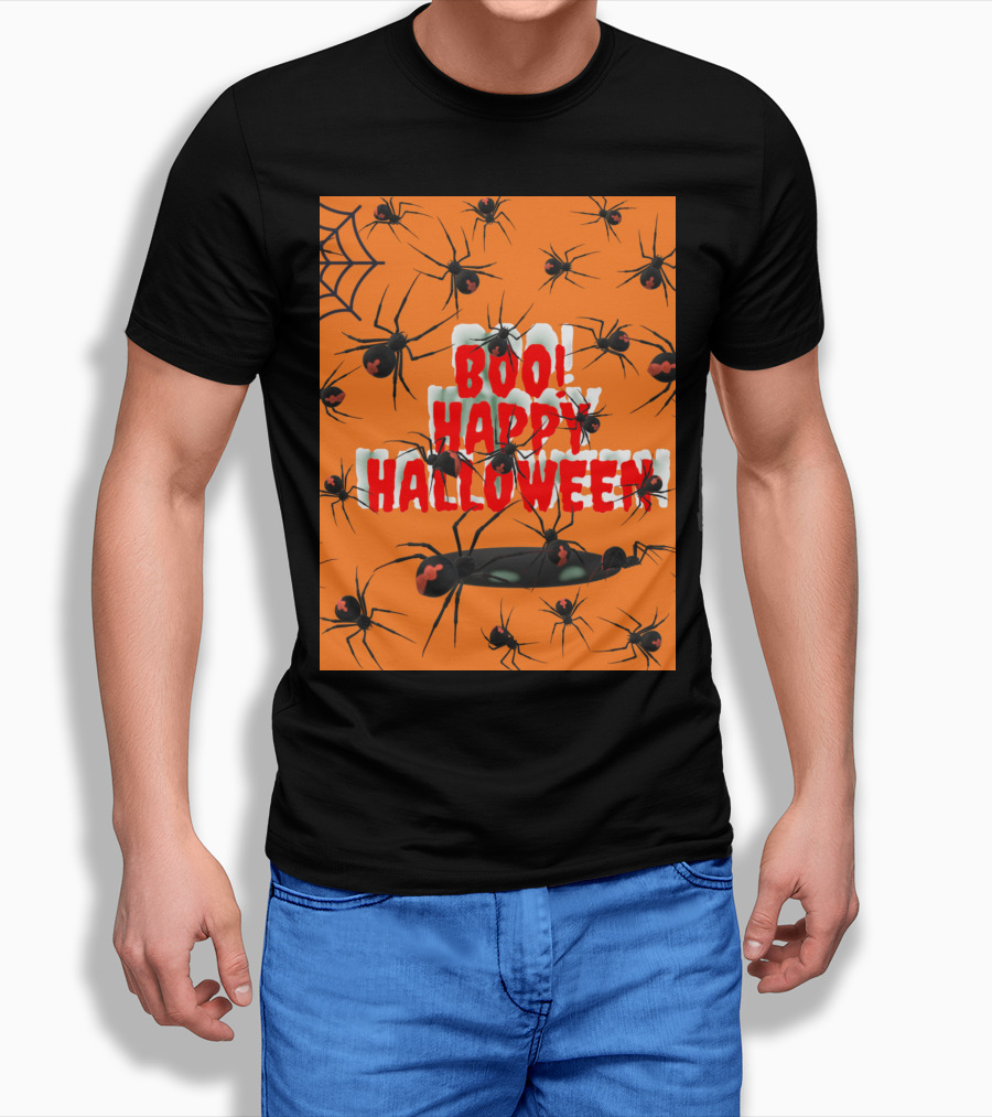 BOO Happy Halloween Spiders Orange Web T-Shirt