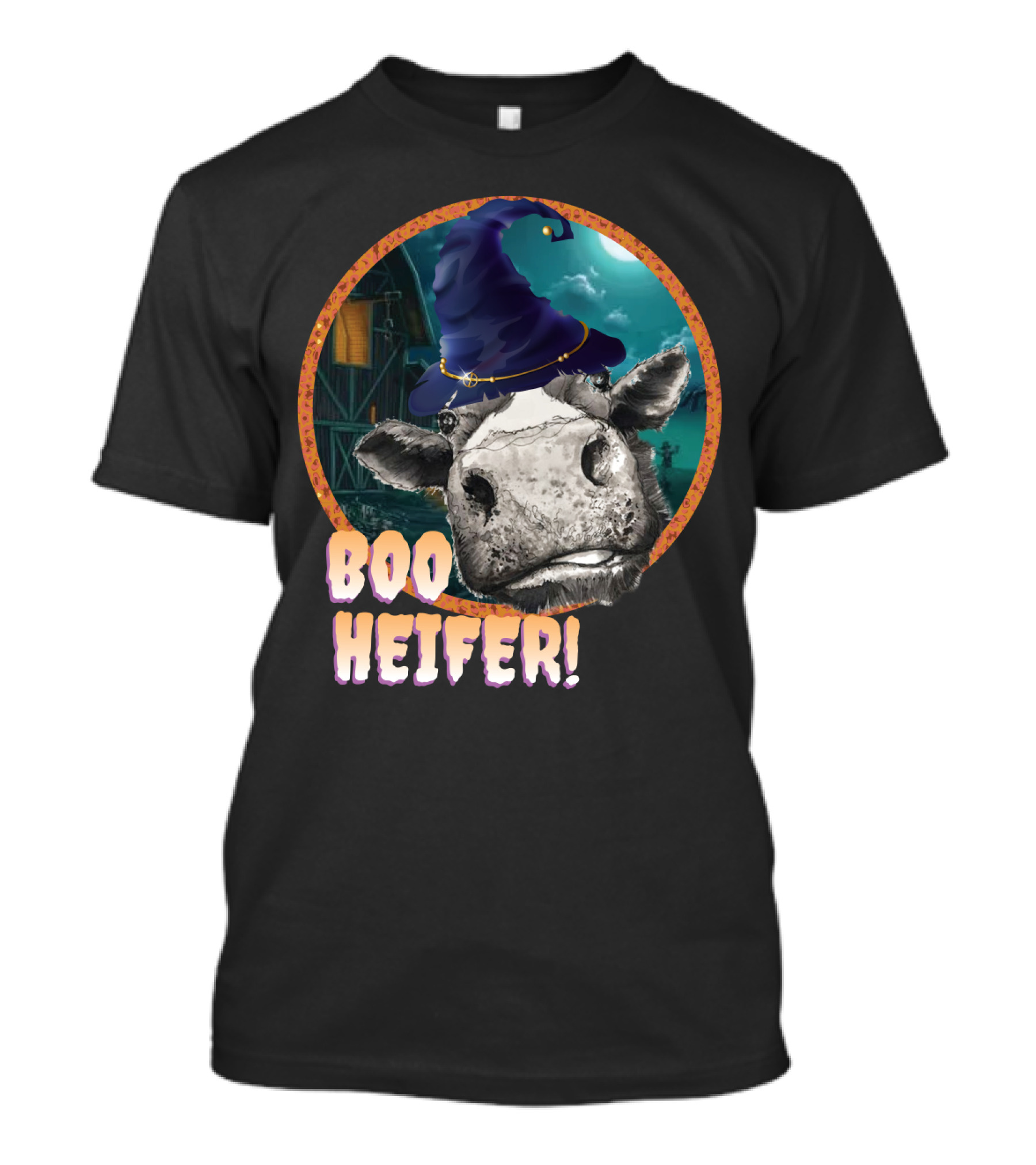 Boo Heifer Funny Halloween Cow Witch Farmer Lady With Hat And Farm Background T-Shirt