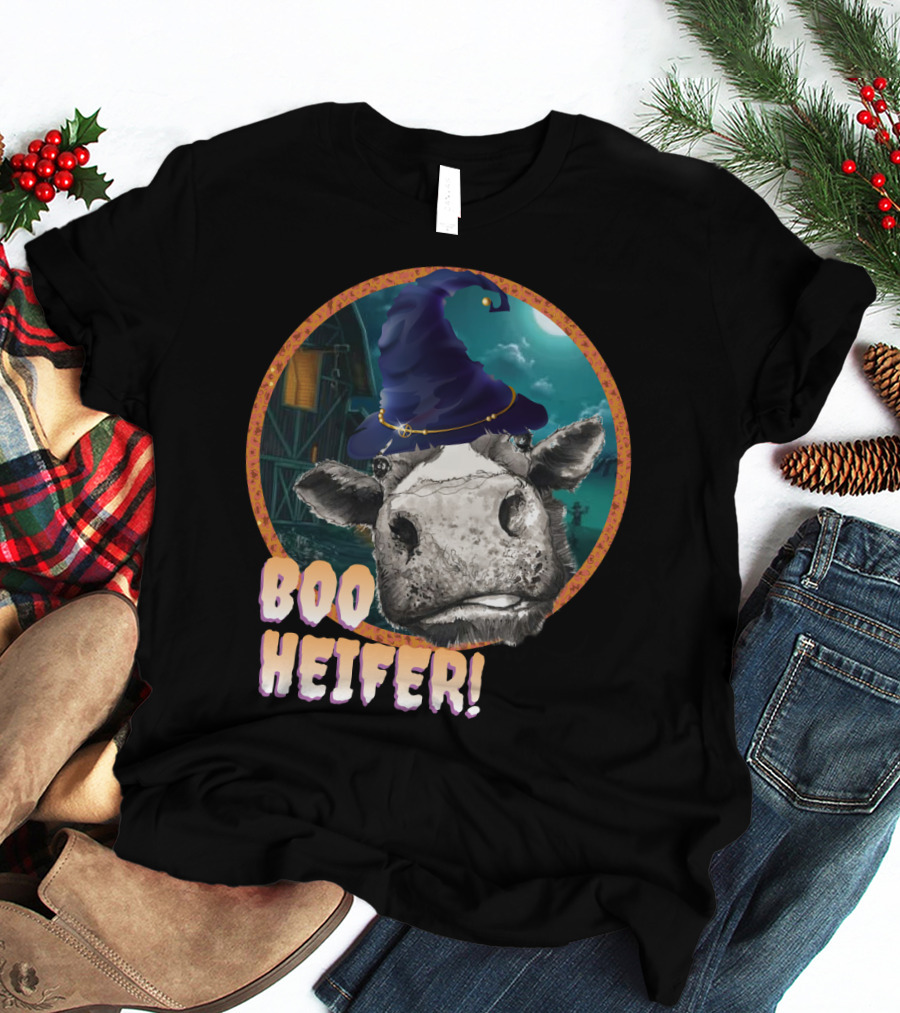 Boo Heifer Funny Halloween Cow Witch Farmer Lady With Hat And Farm Background T-Shirt
