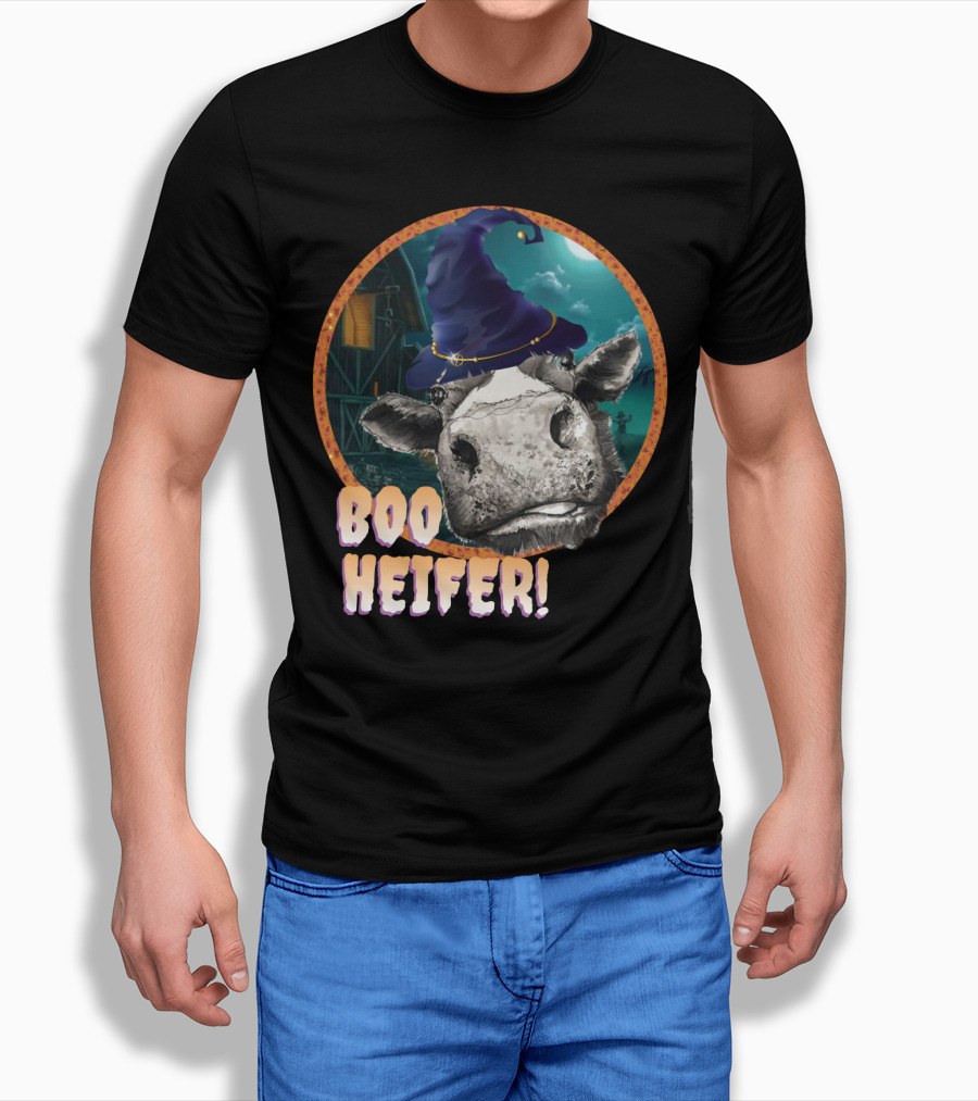Boo Heifer Funny Halloween Cow Witch Farmer Lady With Hat And Farm Background T-Shirt
