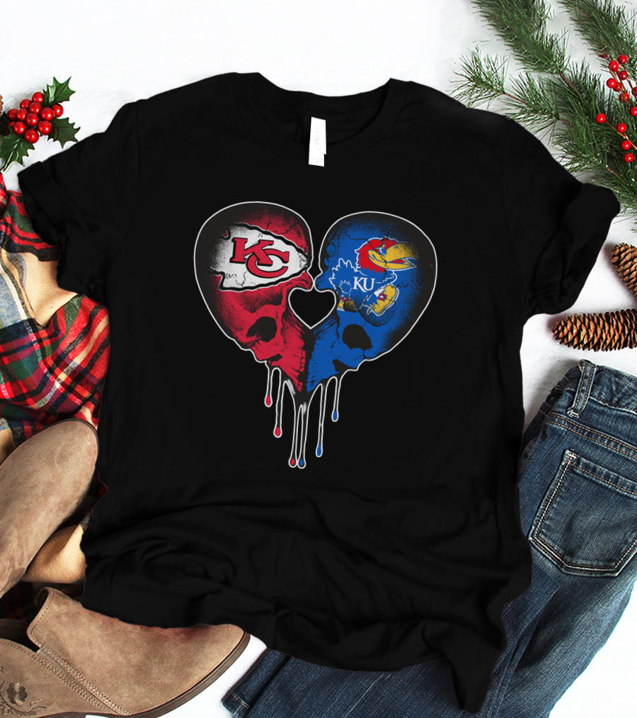 Chiefs KU Jayhawks Heart Skull T-Shirt