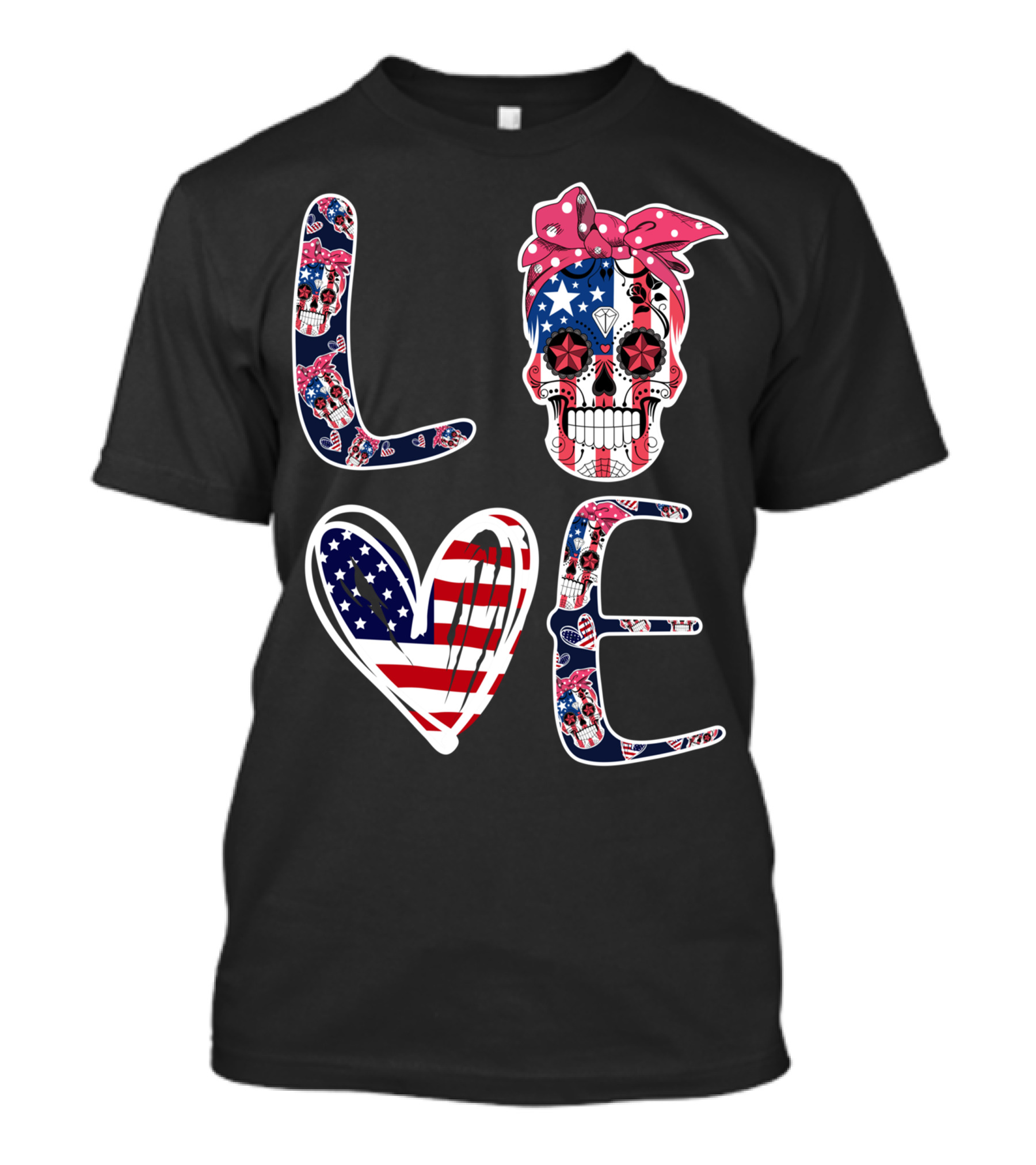 Skull Love American Flag Patriotic Bandana T-Shirt