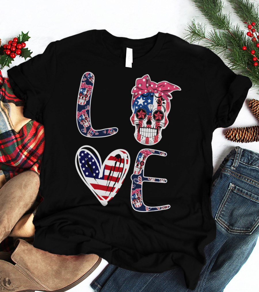 Skull Love American Flag Patriotic Bandana T-Shirt