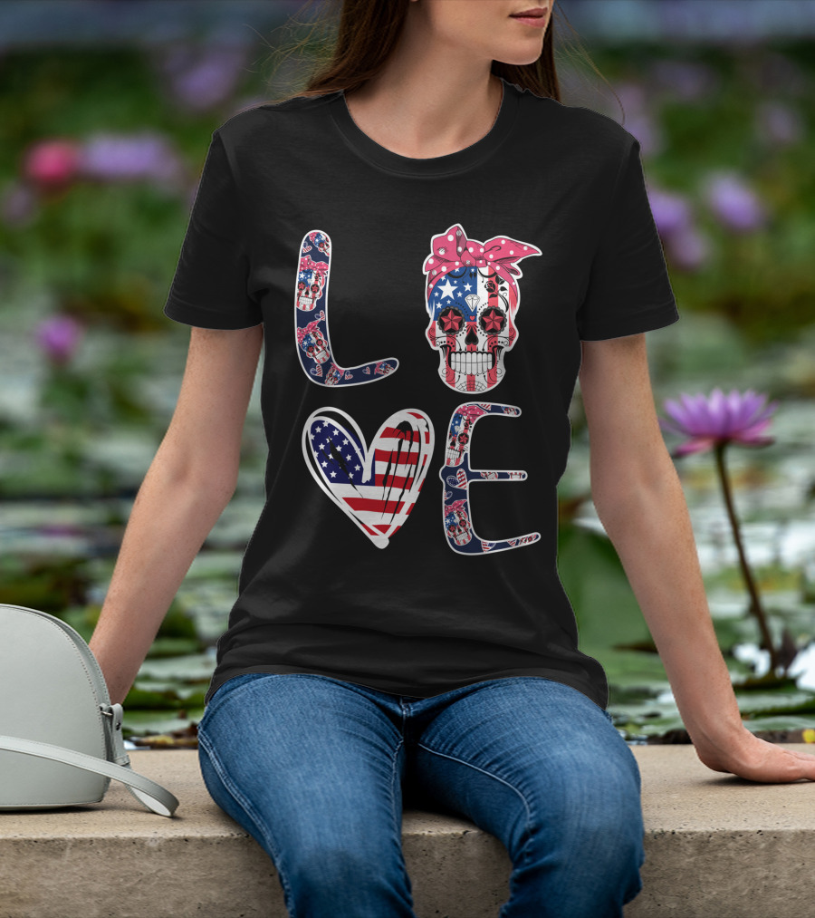 Skull Love American Flag Patriotic Bandana T-Shirt