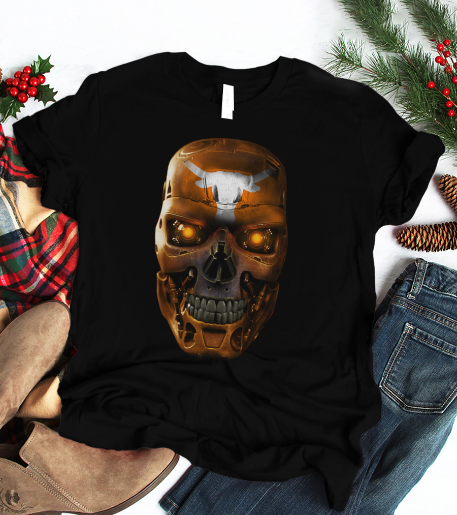 Skull Longhorns Futuristic Mechanical Face With Glowing Eyes T-Shirt