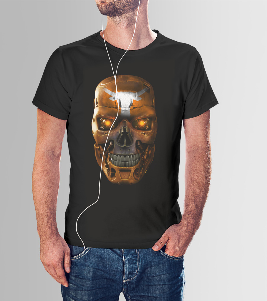 Skull Longhorns Futuristic Mechanical Face With Glowing Eyes T-Shirt