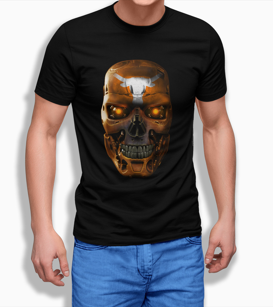 Skull Longhorns Futuristic Mechanical Face With Glowing Eyes T-Shirt