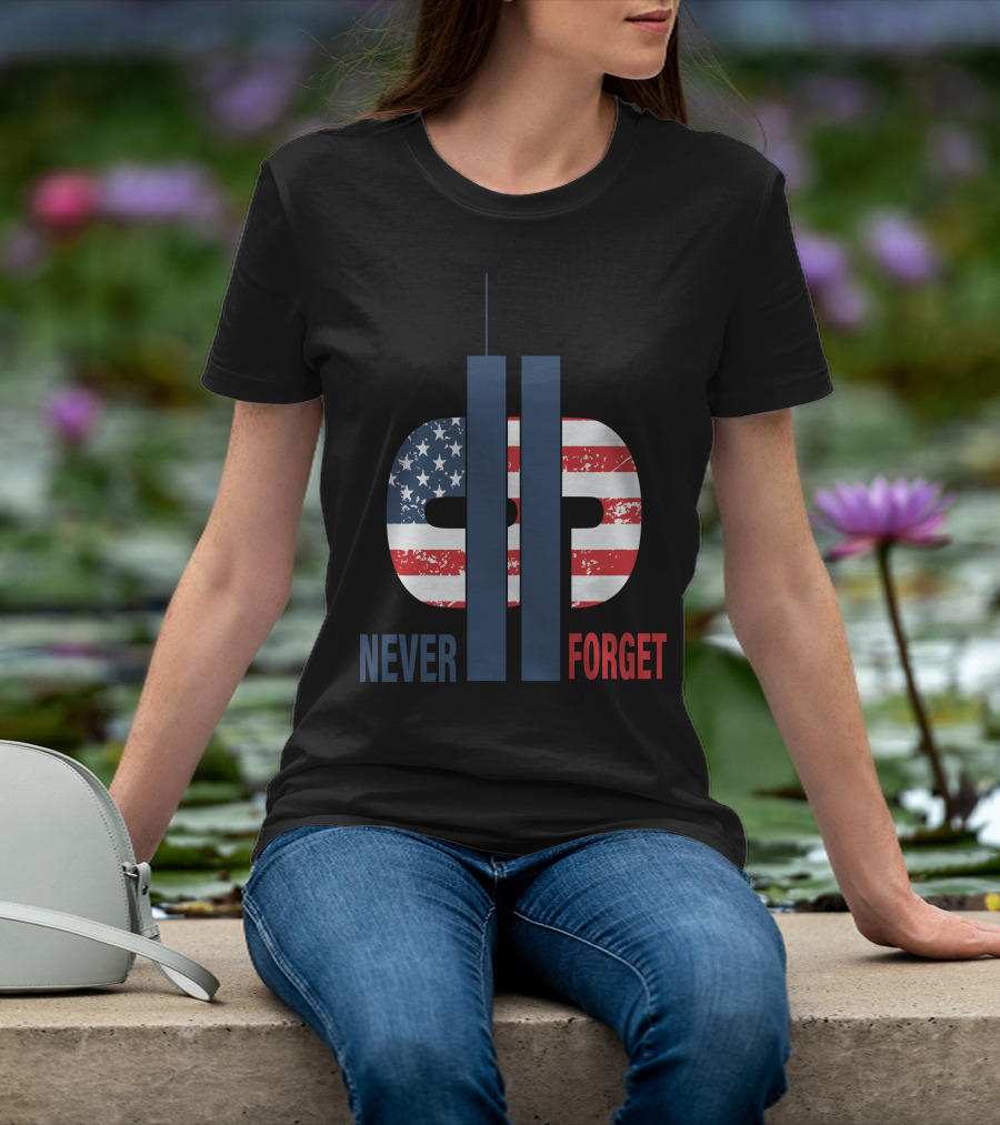 Never Forget 9.11 American Flag Tribute With Twin Towers Symbol T-Shirt