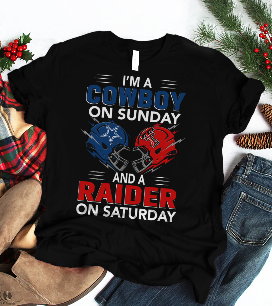 I'm A Cowboy On Sunday And A Raider On Saturday Football Helmet Design With Star And Pirate T-Shirt