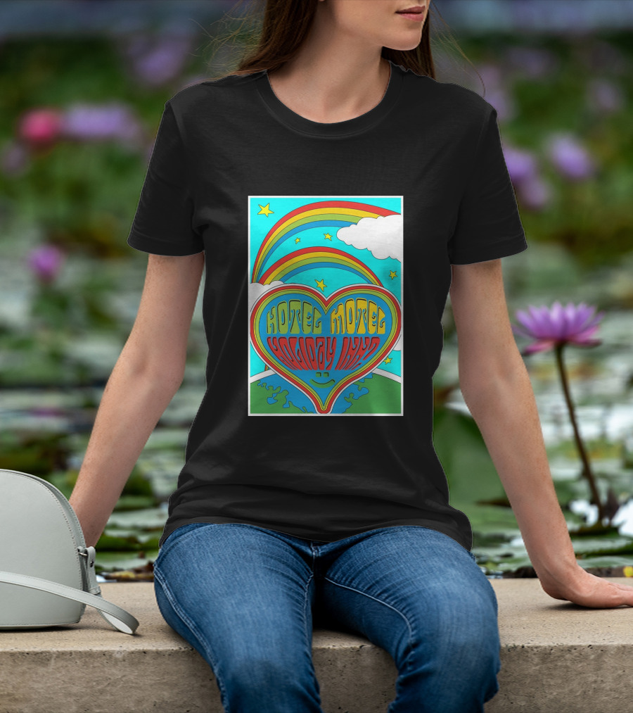 Sarahbaska Hotel Motel Holiday 1973 Rainbow Earth Heart T-Shirt