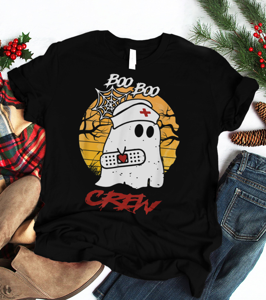Boo Boo Nurse Ghost With Bandage And Spider Web Halloween Crew T-Shirt