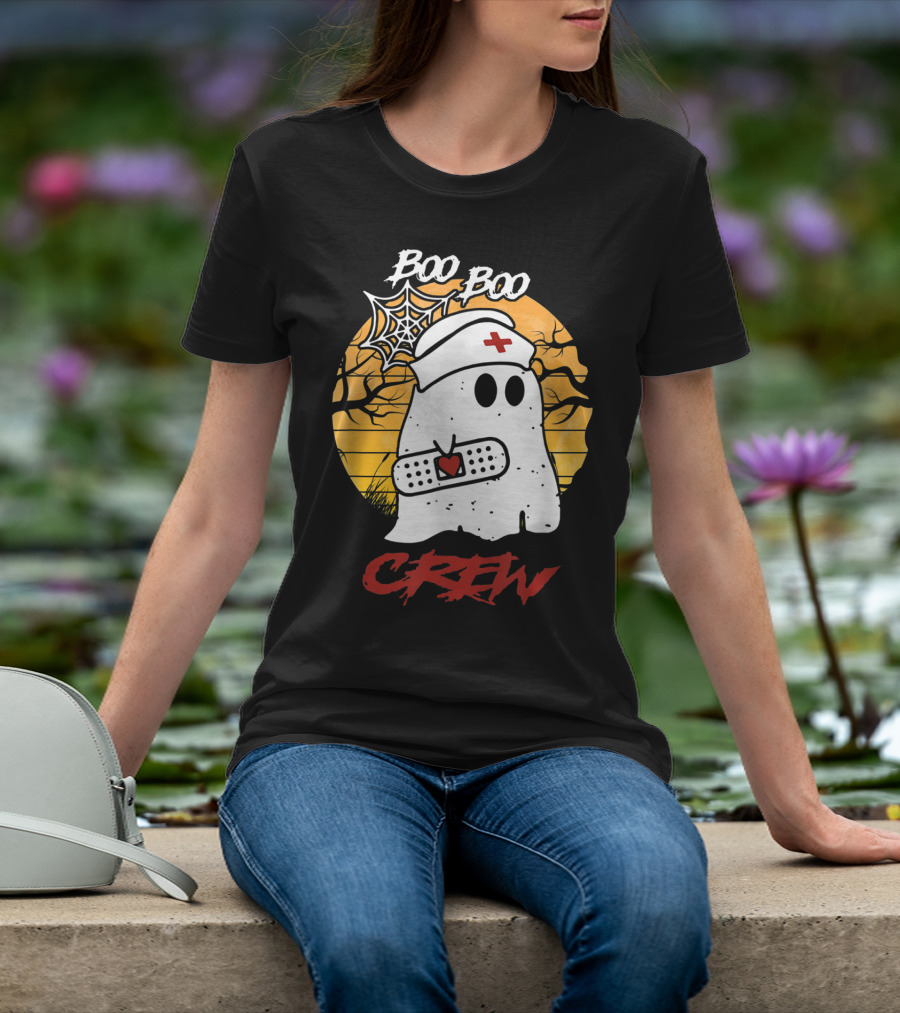 Boo Boo Nurse Ghost With Bandage And Spider Web Halloween Crew T-Shirt