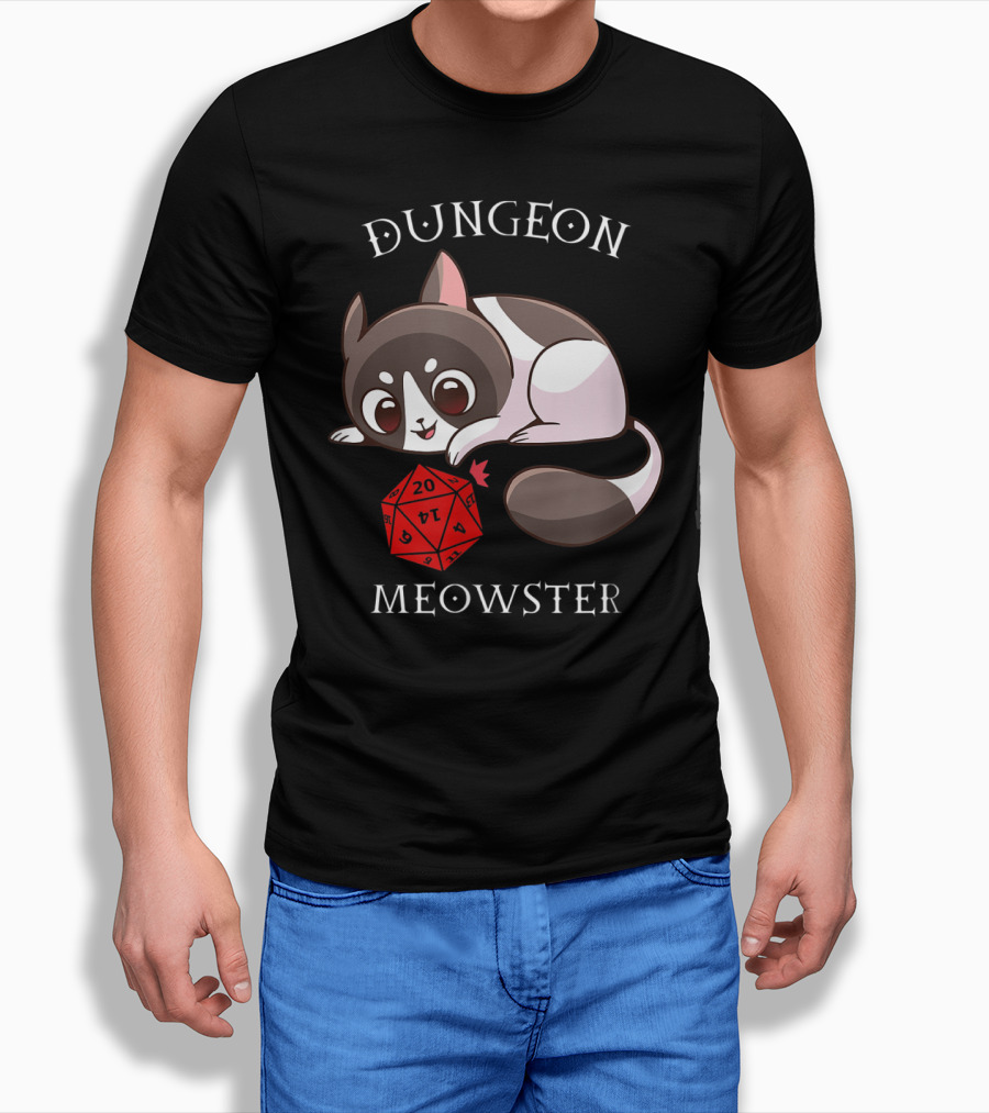 Dungeon Meowster Cat with D20 Nerd RPG Table Top Gamer T-Shirt