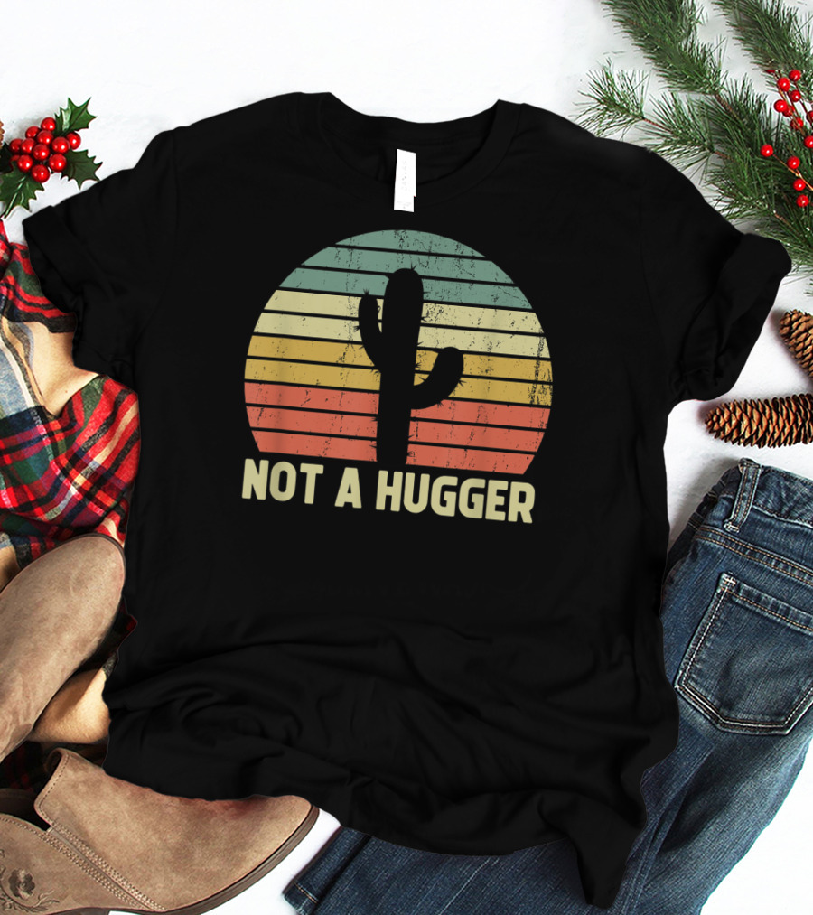 Not A Hugger Cactus Retro Sunset Sarcastic Introvert T-Shirt