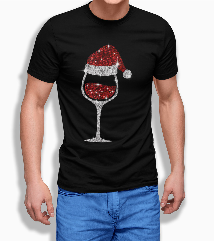 Sparkling Wine Glass with Santa Hat Christmas Celebration for Wine Lovers T-Shirt