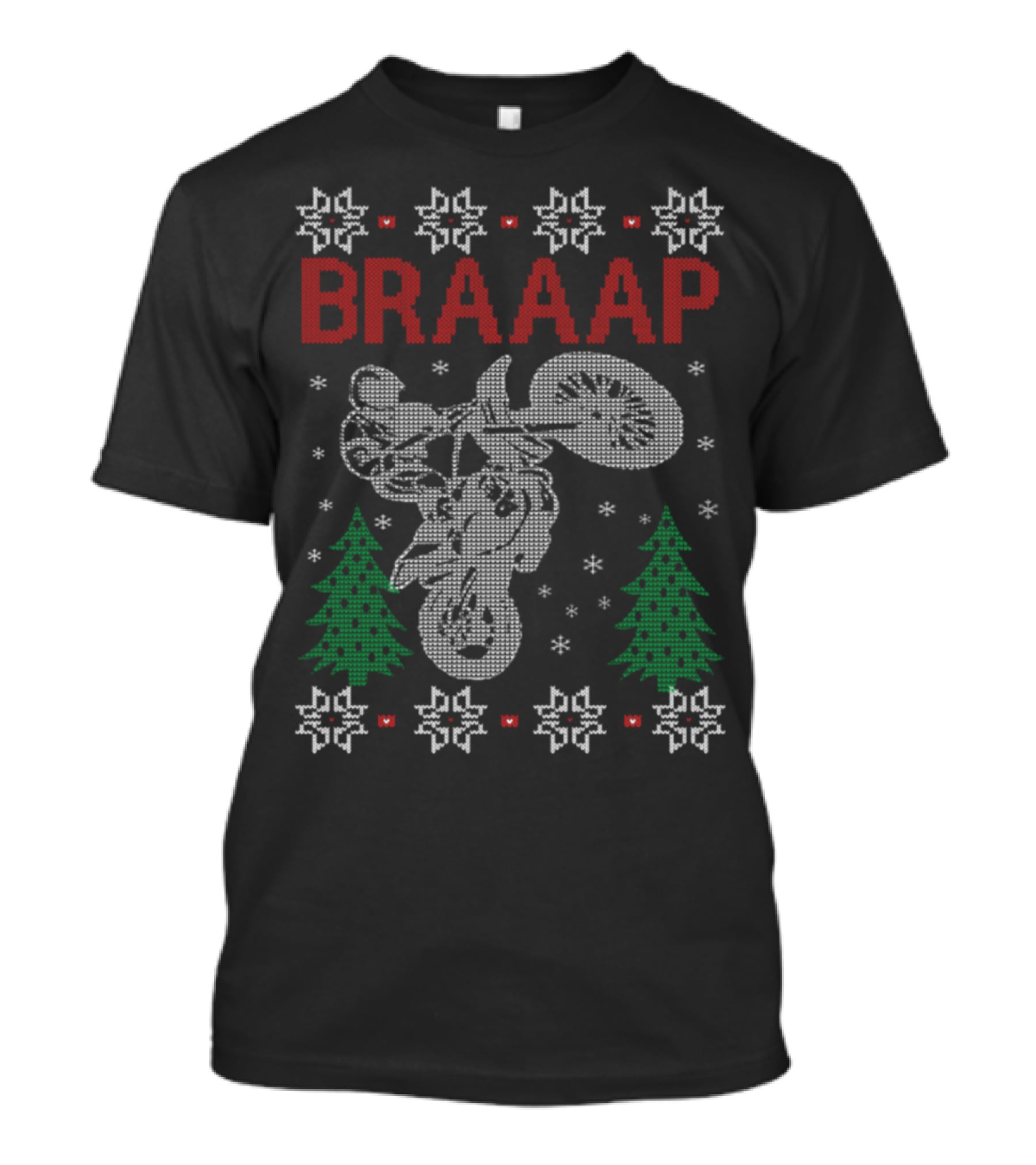 BRAAAP Motorcycle Biker Christmas Ugly Sweater Style Design Snowflakes Trees T-Shirt