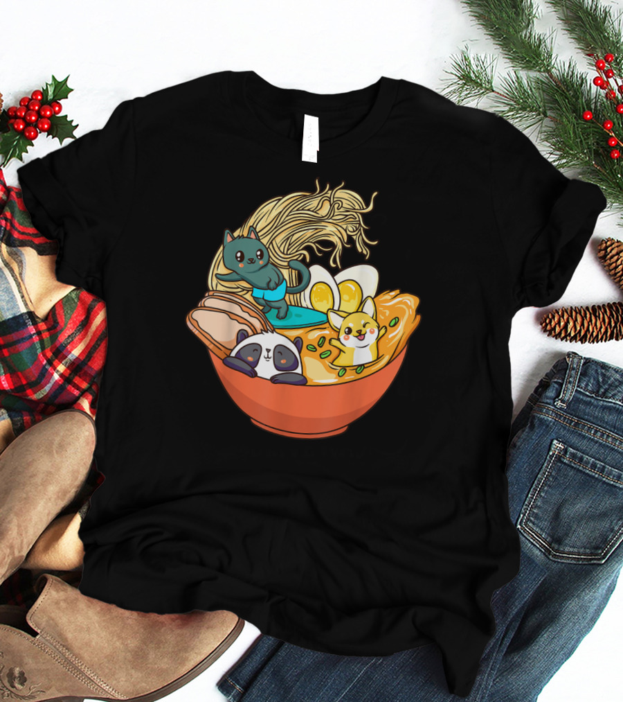 Kawaii Cat Panda Dog Anime Noodle Bowl With Egg And Ramen T-Shirt