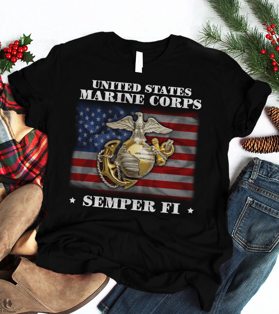 United States Marine Corps Semper Fi American Flag Eagle Globe And Anchor T-Shirt
