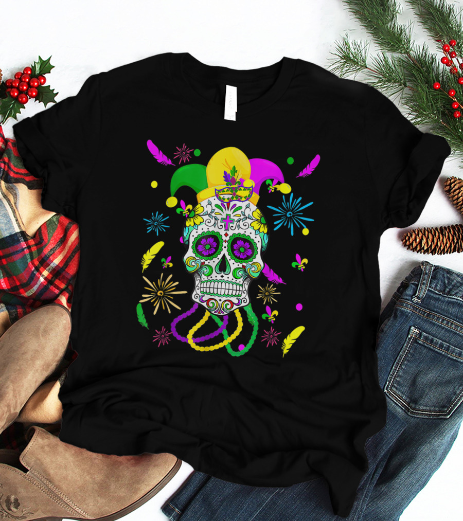Sugar Skull Carnival Mask Jester Hat Mardi Gras Celebrations T-Shirt