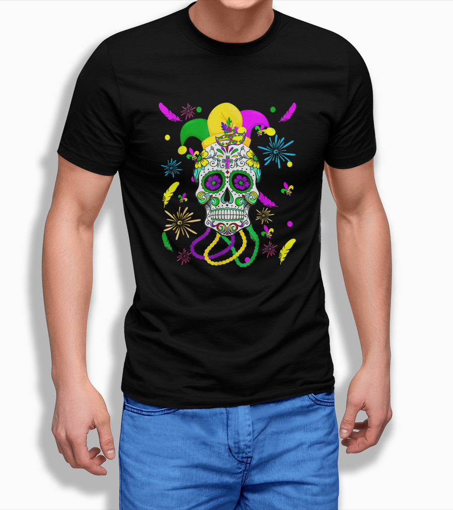 Sugar Skull Carnival Mask Jester Hat Mardi Gras Celebrations T-Shirt