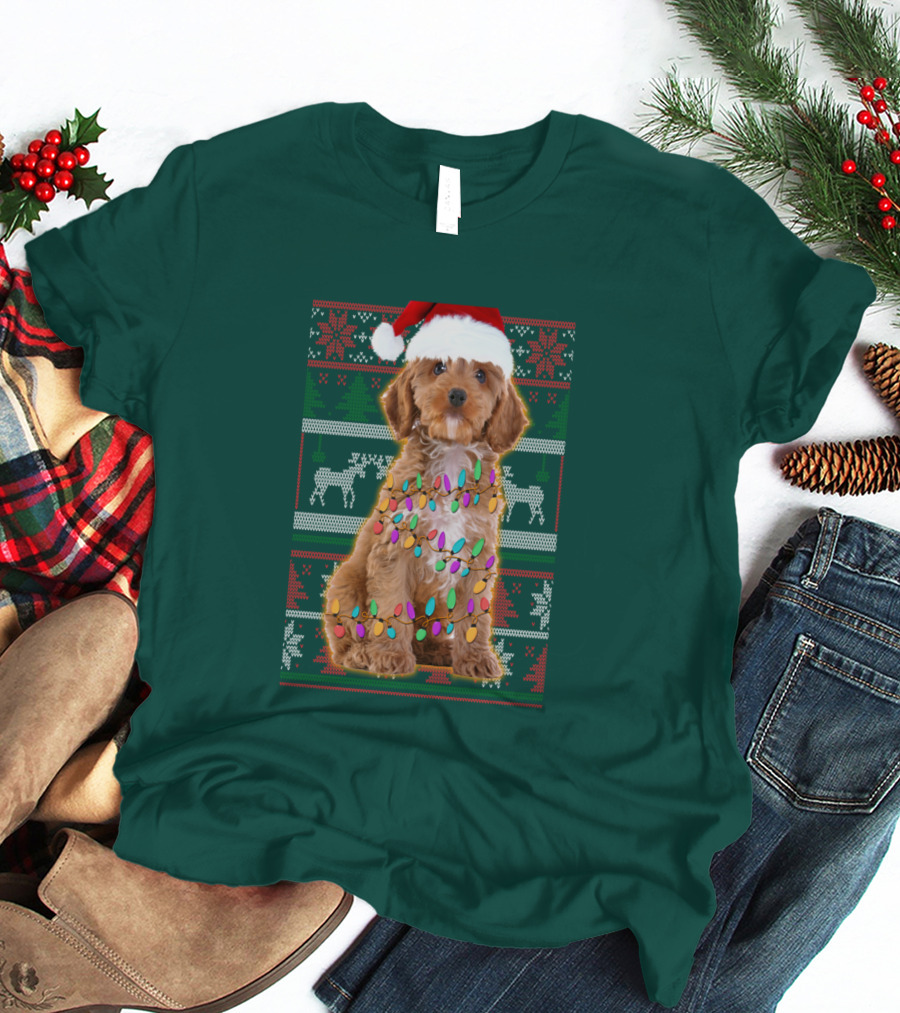 Cockapoo Santa Hat Christmas Lights Reindeer Ugly T-Shirt