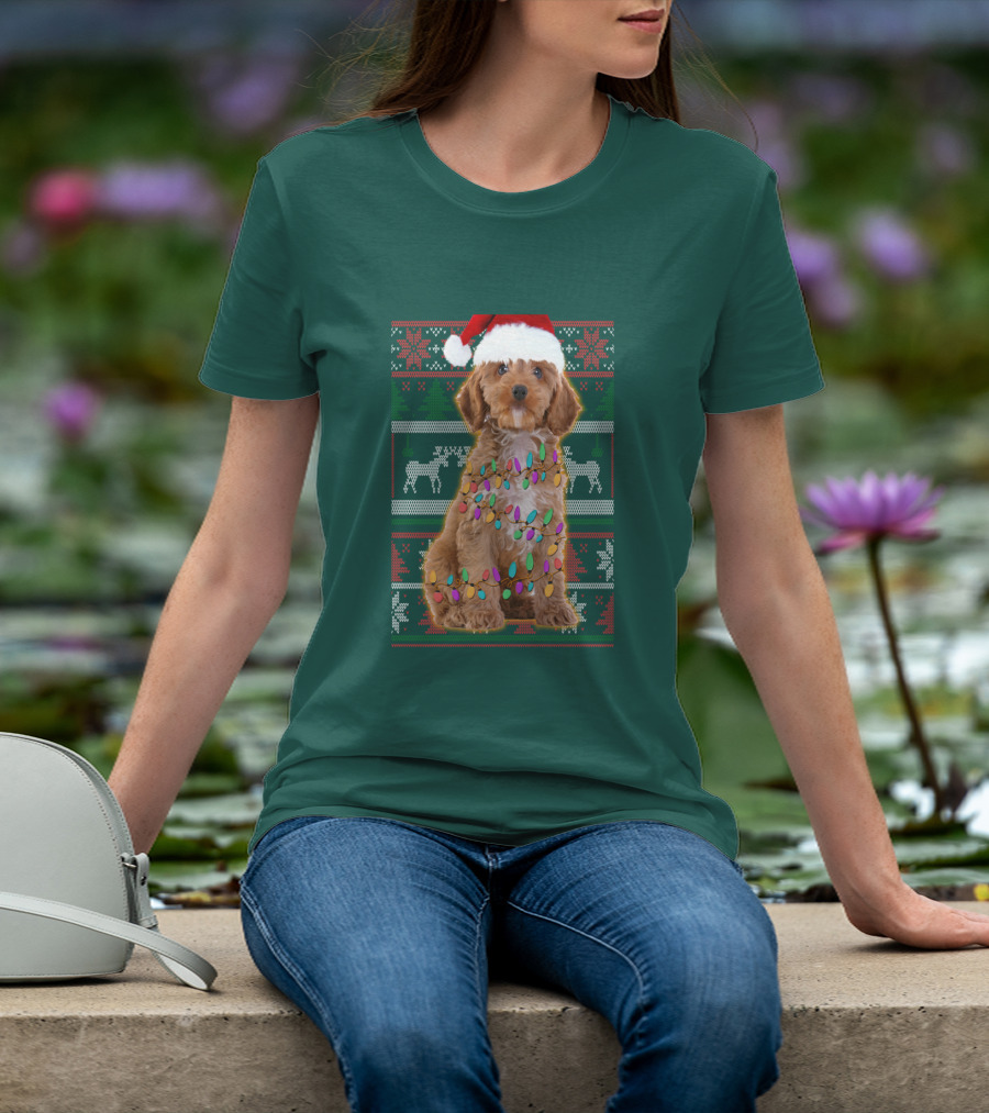Cockapoo Santa Hat Christmas Lights Reindeer Ugly T-Shirt