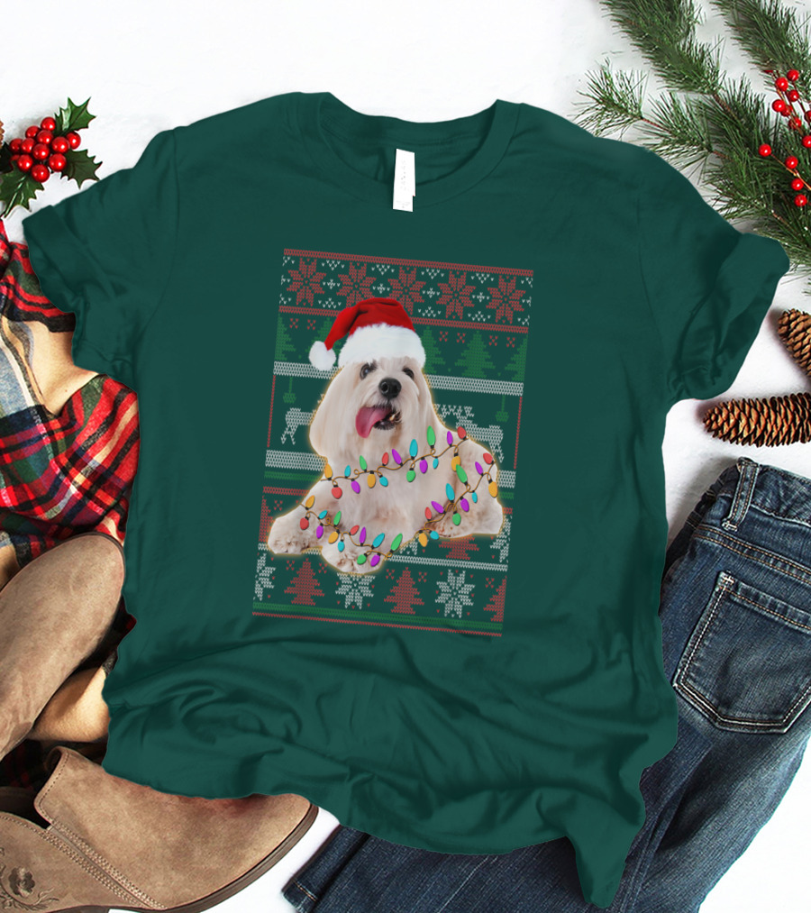 Coton De Tulear Holiday Lights Christmas Sweater Santa Hat T-Shirt