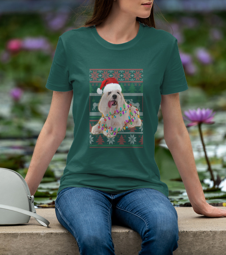 Coton De Tulear Holiday Lights Christmas Sweater Santa Hat T-Shirt