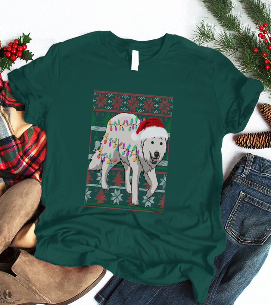 Great Pyrenees Christmas Lights And Santa Hat Holiday T-Shirt