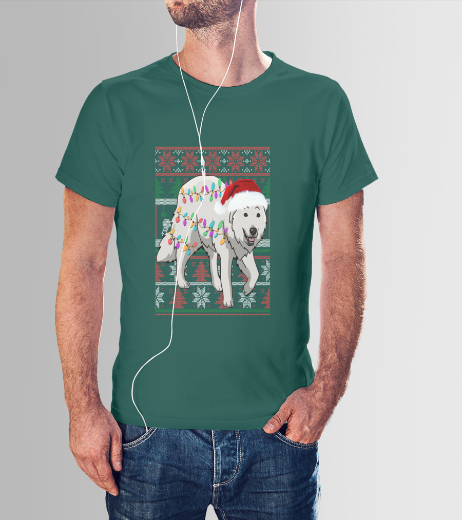Great Pyrenees Christmas Lights And Santa Hat Holiday T-Shirt