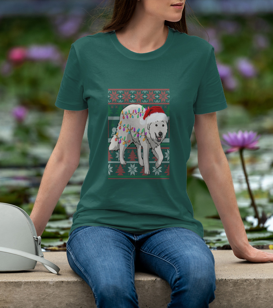 Great Pyrenees Christmas Lights And Santa Hat Holiday T-Shirt
