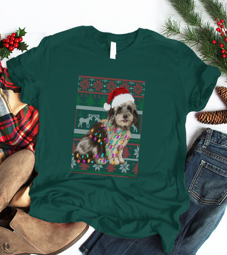 Havanese Festive Christmas Lights Santa Hat Ugly T-Shirt