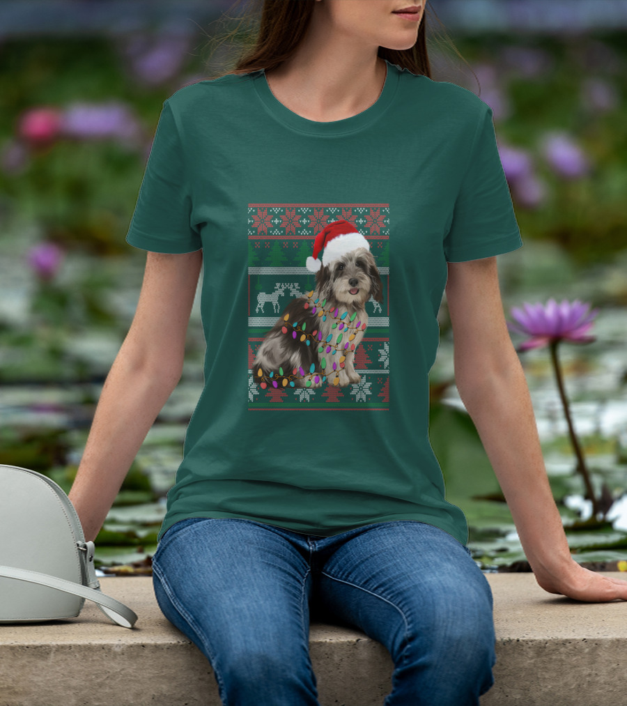 Havanese Festive Christmas Lights Santa Hat Ugly T-Shirt