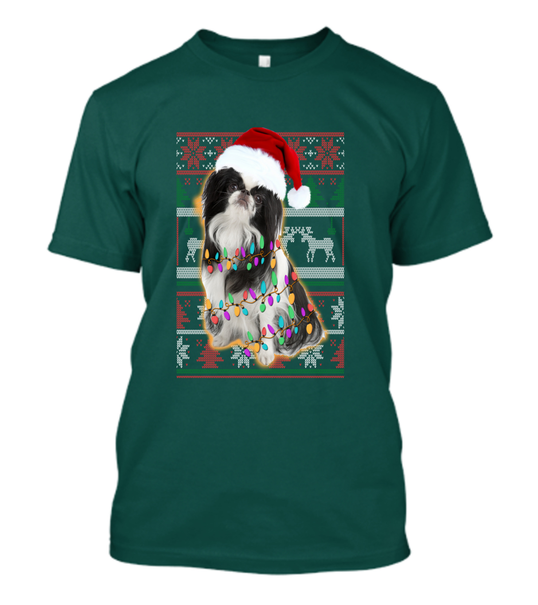 Japanese Chin Christmas Lights Sweater Santa Hat T-Shirt