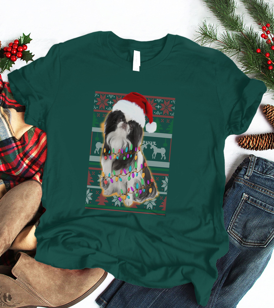 Japanese Chin Christmas Lights Sweater Santa Hat T-Shirt