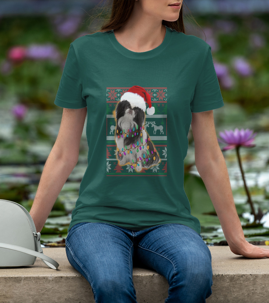 Japanese Chin Christmas Lights Sweater Santa Hat T-Shirt