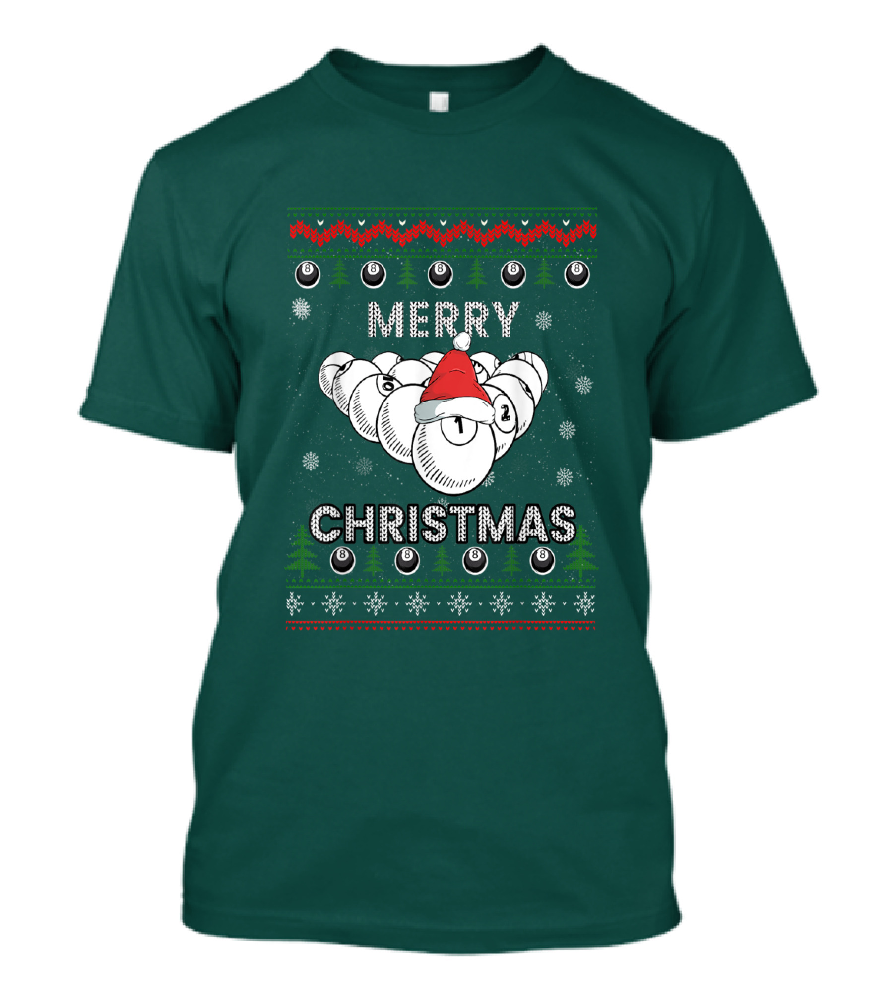 Merry Christmas Santa Hat Billiards Pool Balls Holiday Snowflakes T-Shirt