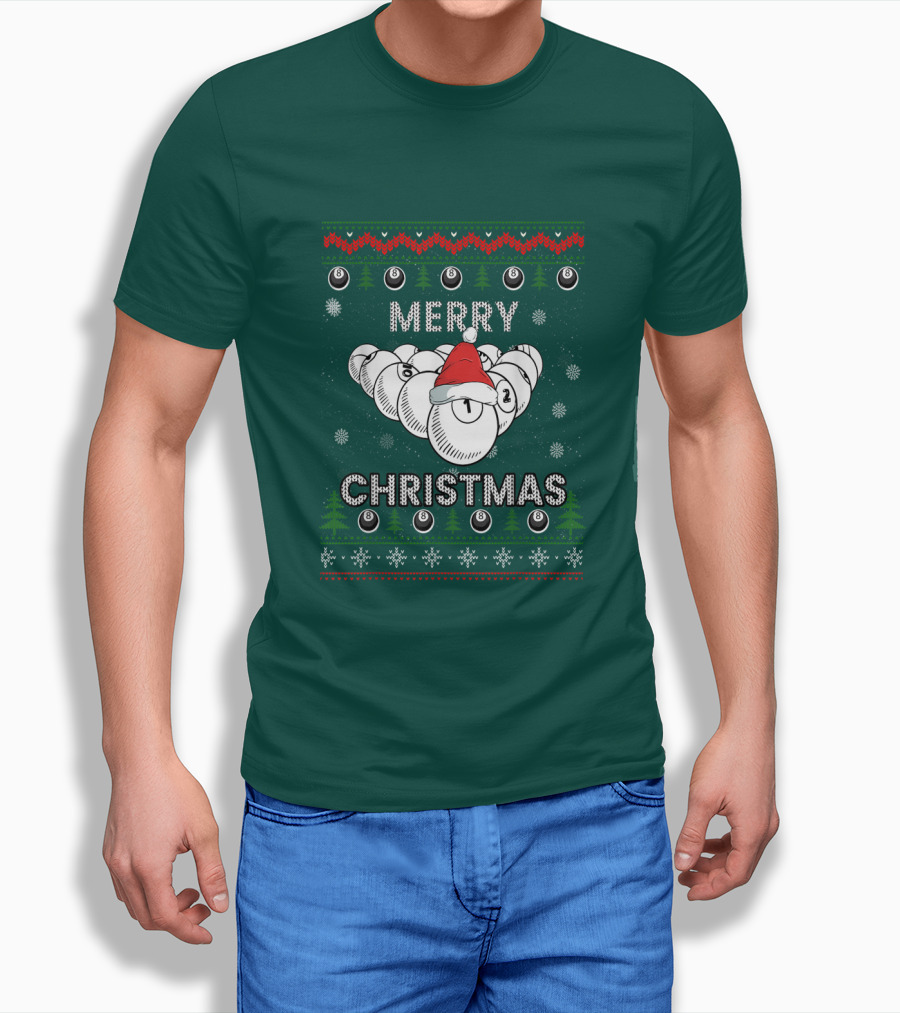 Merry Christmas Santa Hat Billiards Pool Balls Holiday Snowflakes T-Shirt