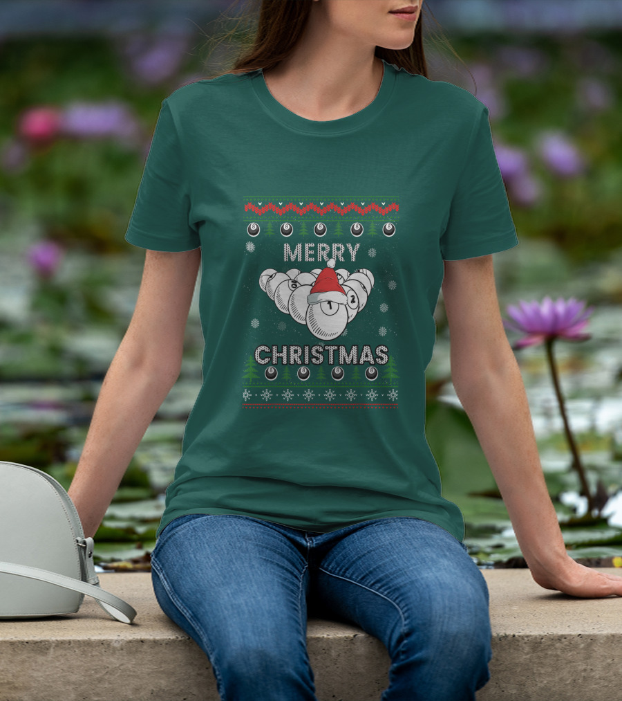 Merry Christmas Santa Hat Billiards Pool Balls Holiday Snowflakes T-Shirt