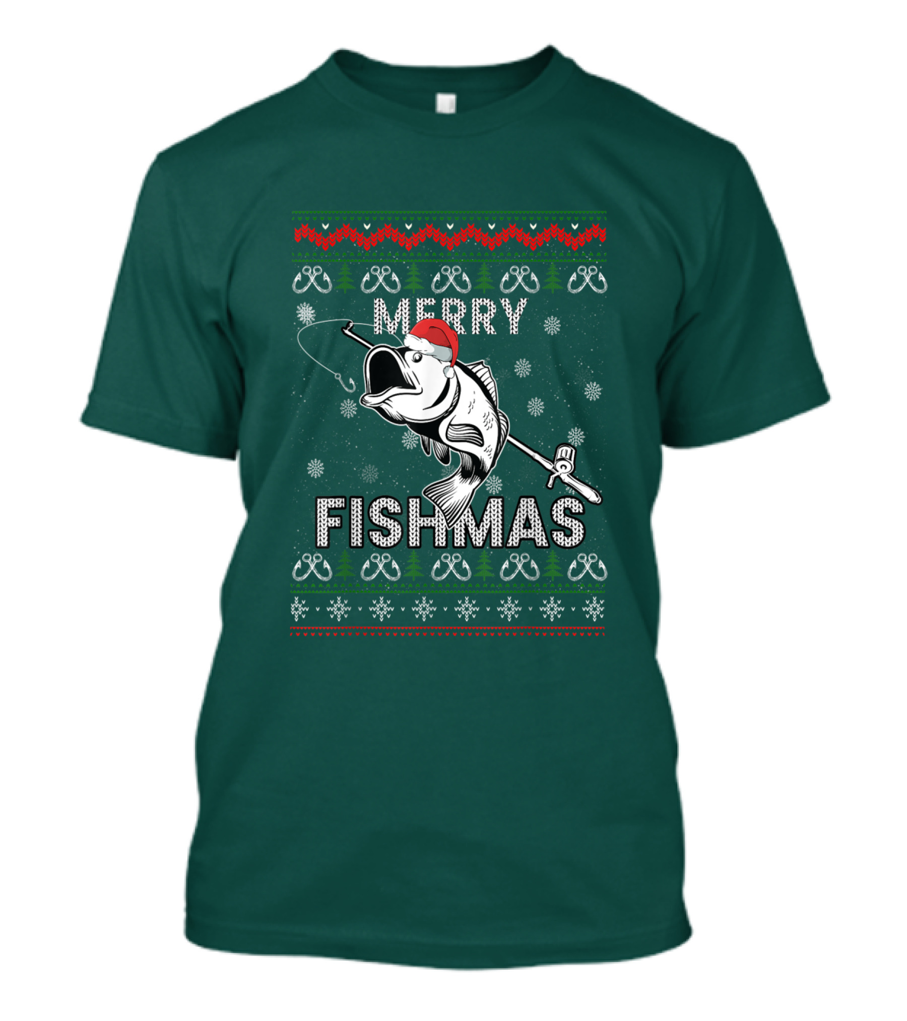 Merry Fishmas Fishing Santa Hat Bass Ugly Christmas T-Shirt
