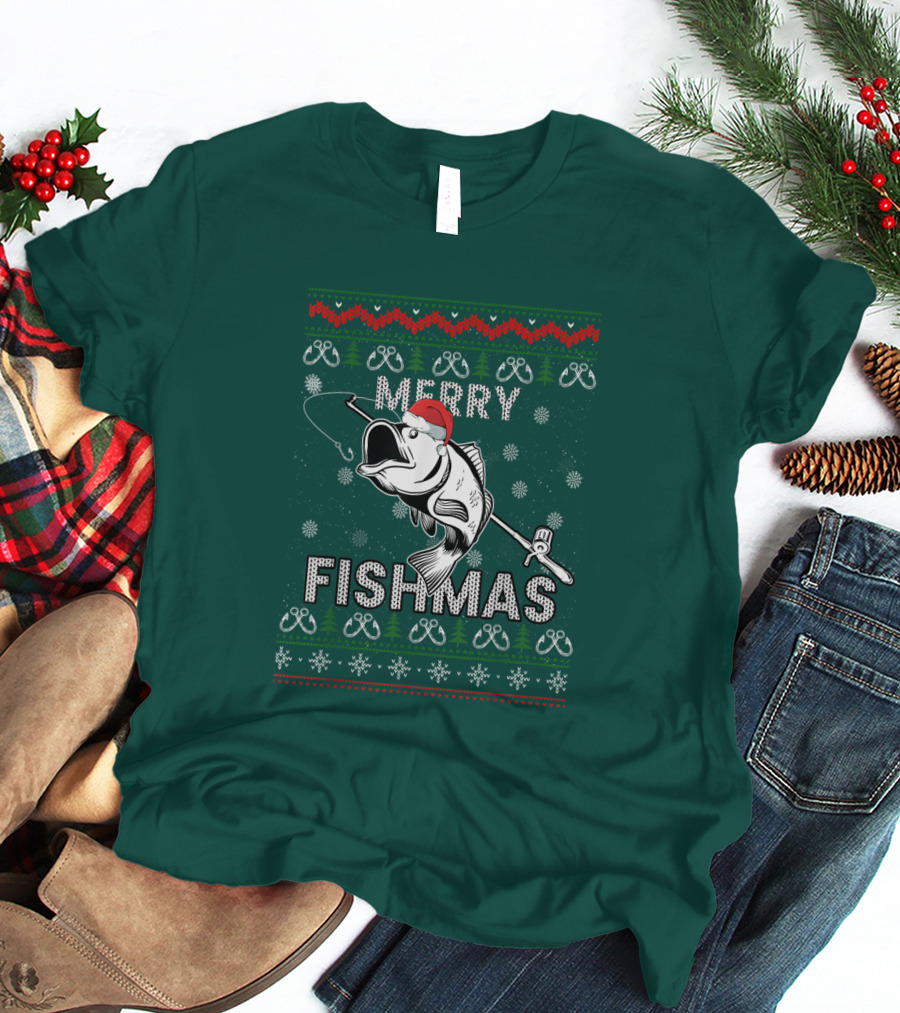 Merry Fishmas Fishing Santa Hat Bass Ugly Christmas T-Shirt