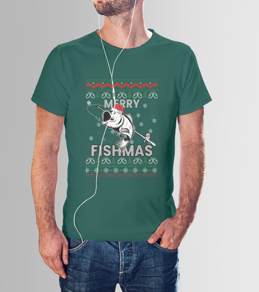 Merry Fishmas Fishing Santa Hat Bass Ugly Christmas T-Shirt