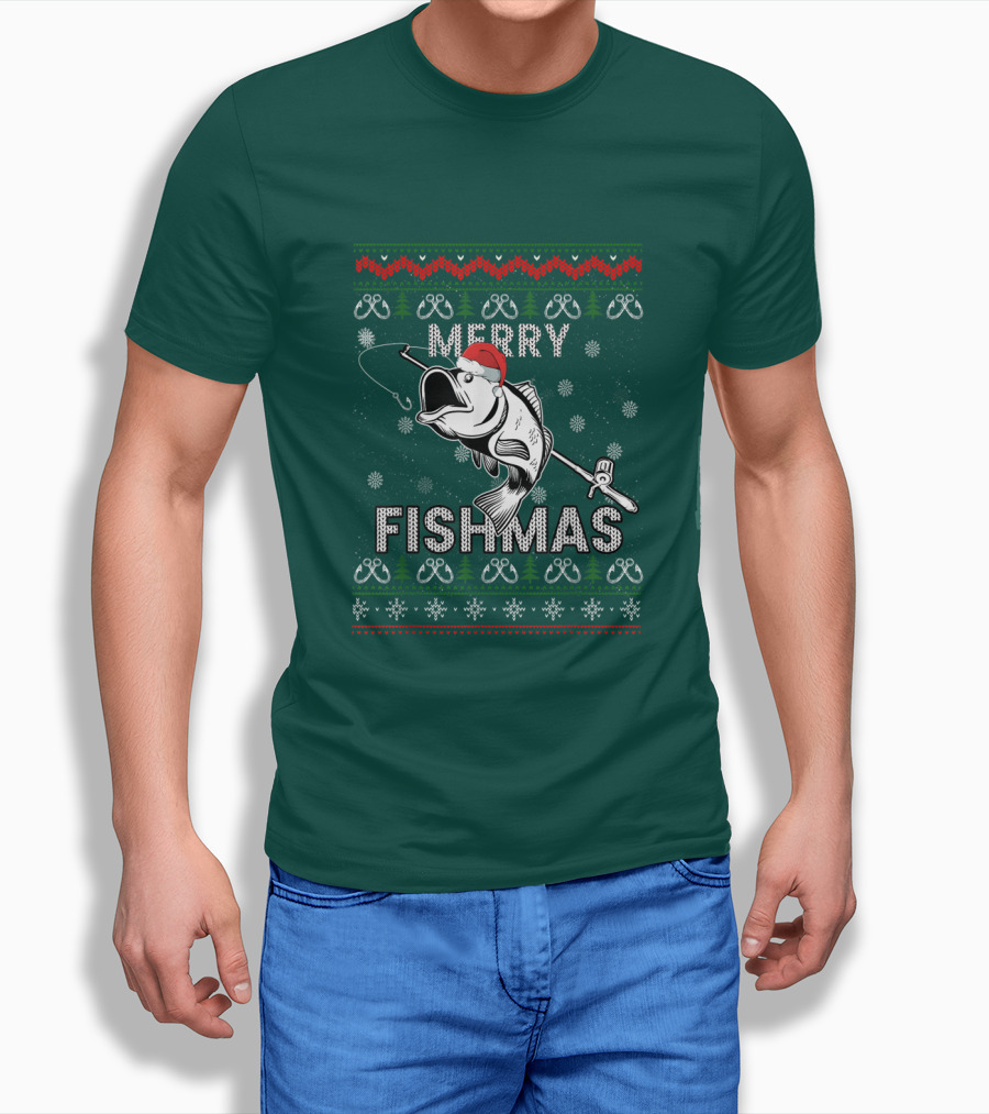 Merry Fishmas Fishing Santa Hat Bass Ugly Christmas T-Shirt