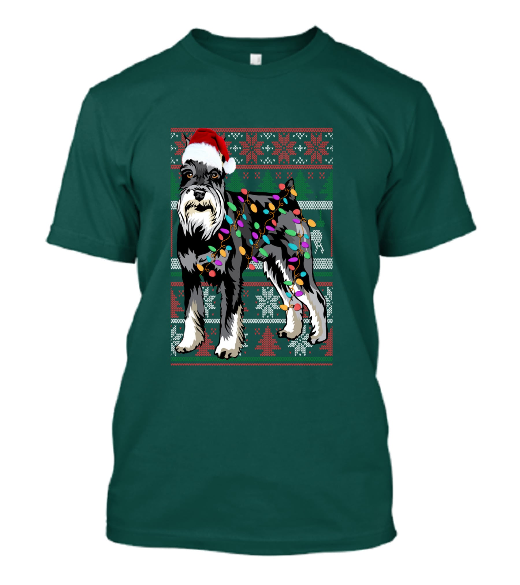 Miniature Schnauzer Christmas Sweater Santa Hat And Holiday Lights T-Shirt