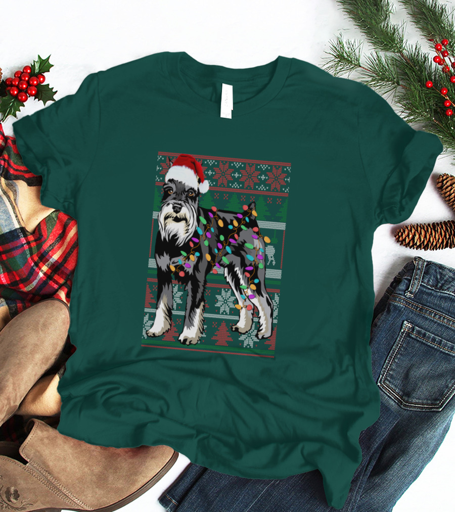 Miniature Schnauzer Christmas Sweater Santa Hat And Holiday Lights T-Shirt