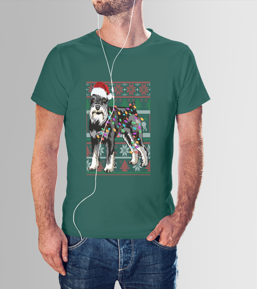 Miniature Schnauzer Christmas Sweater Santa Hat And Holiday Lights T-Shirt
