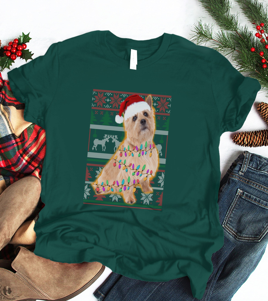 Norfolk Terrier Christmas Lights Sweater Santa Hat T-Shirt